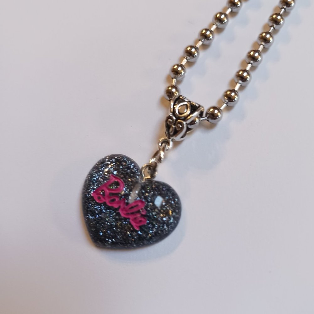 Barbie Black Glitter Puffy Heart Necklace